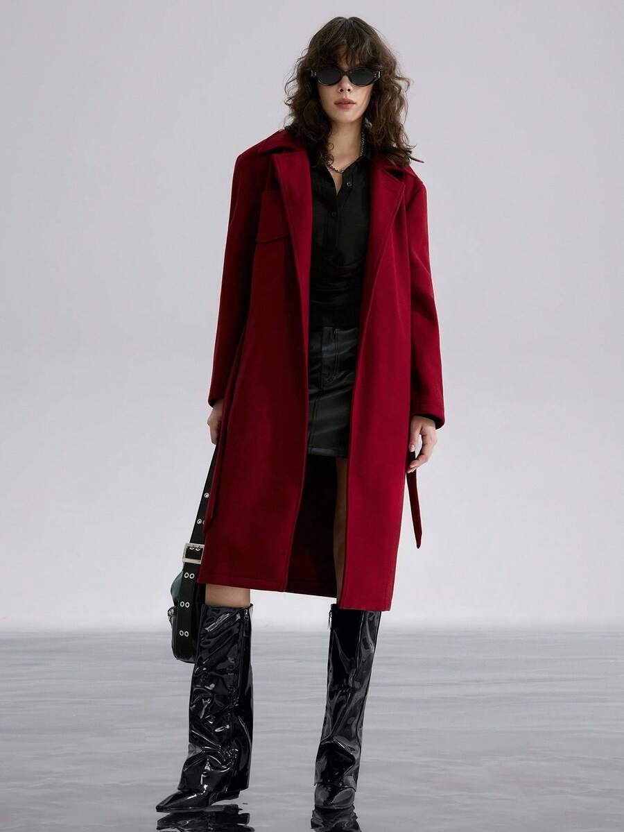 Airlisse Women's Autumn Red Lapel Tie-Waist Overcoat