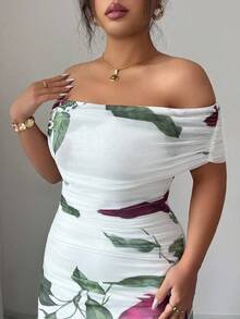 Modelyn 大码女式网眼印花露肩褶饰晚礼服 - 白色 - 查看 5