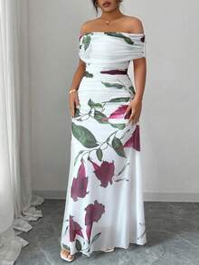 Modelyn 大码女式网眼印花露肩褶饰晚礼服 - 白色 - 查看 6