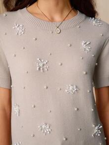 Omancia Women's Beaded Embroidered 3D Floral Casual Gentle Knit Short Sleeve Top, Suitable For Christmas, New Year, Thanksgiving, Halloween, Autumn/Winter