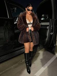 SHEIN SXY 女士仿皮草大衣，秋冬保暖户外休闲装 - 摩卡棕 - 查看 3