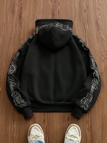 SWAVVY 男士针织时尚日常休闲宽松刺绣英文文字连帽衫，秋季、冬季、情侣装、长袖上衣 - 黑色 - 查看 3