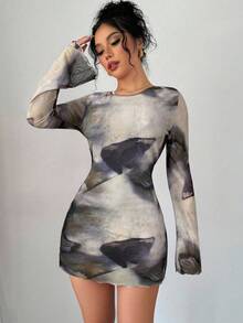 Firerie Women's & Elegant Light Grey,Autumn,Seductive,Night Out Club Mesh Tie-Dye Watercolor Print Backless Tie Flare Sleeve Mini Dress For Fall Party - Multicolor - View 4