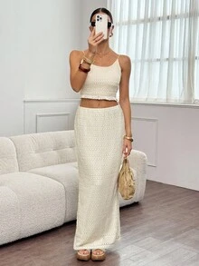 SHEIN Tall 2pcs Women Knitted Camisole Set, Casual Minimalist Daily Wear, Suitable For Summer & Autumn,Elegant Women's Set .Going Out Outfit.Chic Women's Set,Home, Casual, Elegant, Commuting, Versatile, High-Quality Upgrade, Personalized, Suitable For Parties, Commuting To Work, Meeting Customers, And Many Other Scenes, Old Money Style, Boss Feeling, Gangster Wife Style,White Dress For Civil Wedding,Fall Clothes For Women,Chic Women's Set