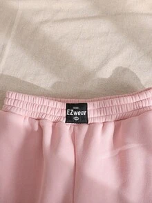 SHEIN 2 件套青少年女孩宽松休闲压花字母图案圆领套头衫和运动裤运动服，粉色 - 藕粉色 - 查看 5