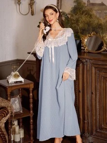 SHEIN 女士蕾丝拼接宫廷风镂空长袖宽松睡裙，蕾丝睡裙，秋冬款 - 藍色 - 查看 6