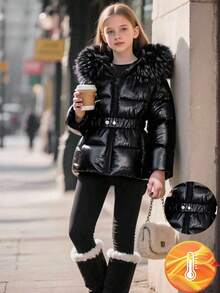 SHEIN Chaqueta con capucha y cintura ceñida engrosada de moda para niña preadolescente, adecuada para uso casual diario en otoño/invierno