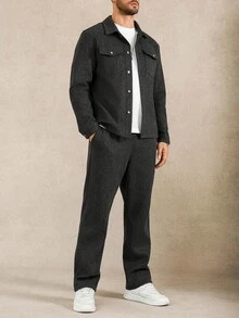 Manfinity Homme 男士纯色休闲长袖夹克和裤子套装男士两件套男士两件套服装，秋冬服装 - 深灰色 - 查看 3