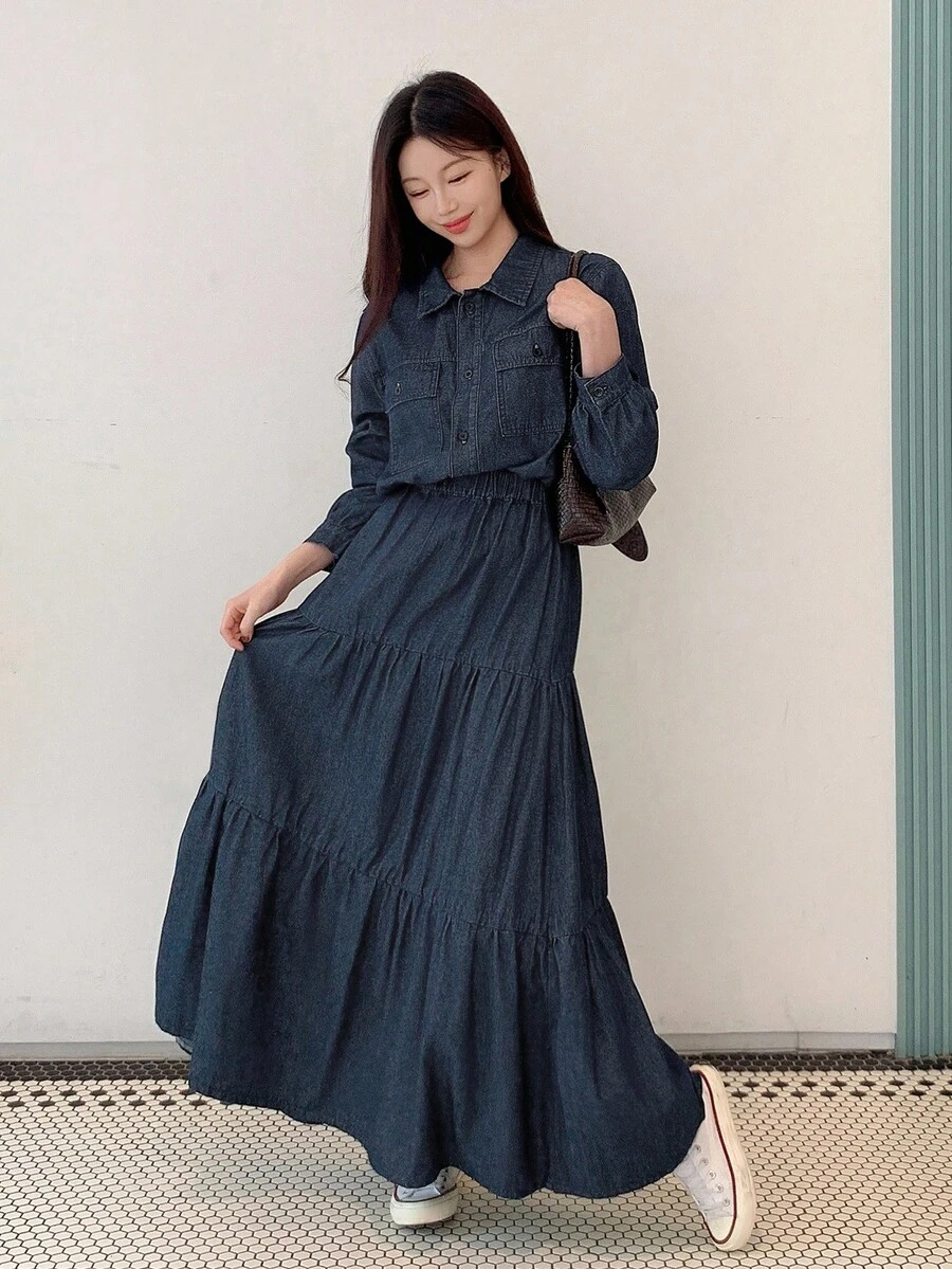 DAZY Women's Short Lapel Cardigan And Long Denim Skirt Casual 2 Pieces Set Fall/Winter