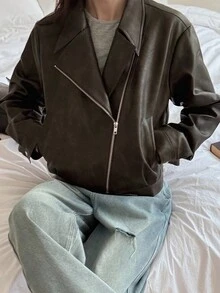 DAZY Áo khoác cardigan dáng rộng ngắn ve áo cho nữ, thiết kế phía trước bất đối xứng, áo khoác da PU thường ngày mùa đông - màu nâu - Xem 4