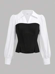 Girlism 少女优雅梭织拼布衬衫上衣和黑色喇叭裤套装 - 黑與白 - 查看 8