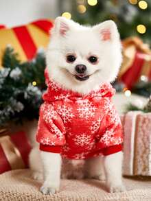 PETSIN 1 pieza Sudadera con capucha de felpa con estampado de copos de nieve rojo navideño para gatos y perros - Multicolor - Ver 6