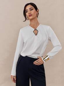 Modelyn Women's Solid Color V-Neck Metal Ring Decor Long Sleeve Raglan Fashion Blouse - White - View 6