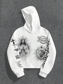 Manfinity ZONE917 Box Cut Short Gothic Jesus Thorns Heart Slogan Print White Hoodie