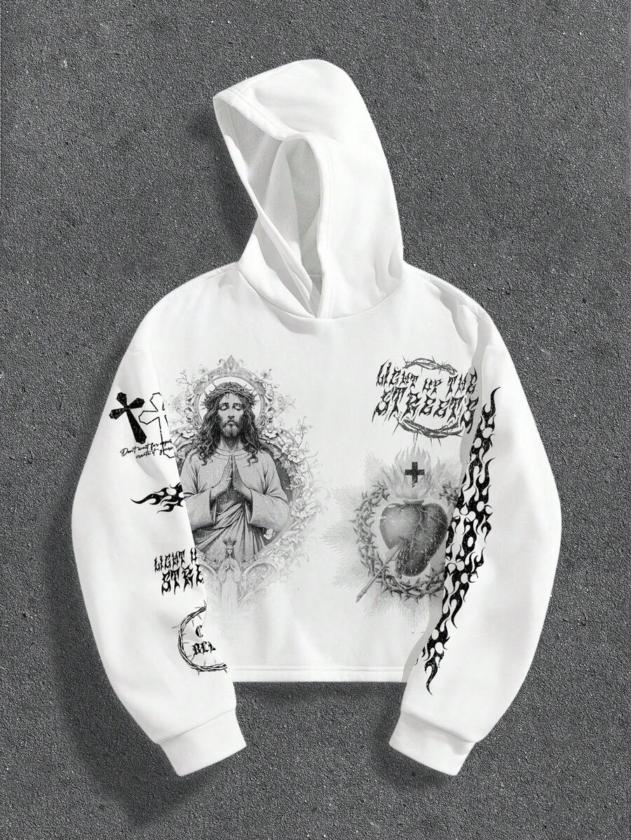 Manfinity ZONE917 Box Cut Short Gothic Jesus Thorns Heart Slogan Print White Hoodie