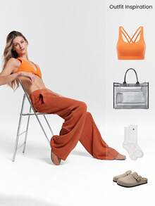 GLOWMODE 莫代尔丝绸触感阔腿高腰休闲裤，带侧袋，日常休闲秋季 - 鏽棕色 - 查看 5