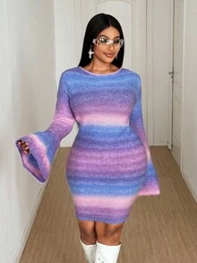 Maweii 加大码渐变色优雅圆领长袖毛衣裙 - 彩色 - 查看 2