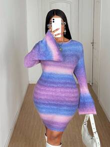Maweii 加大码渐变色优雅圆领长袖毛衣裙 - 彩色 - 查看 5