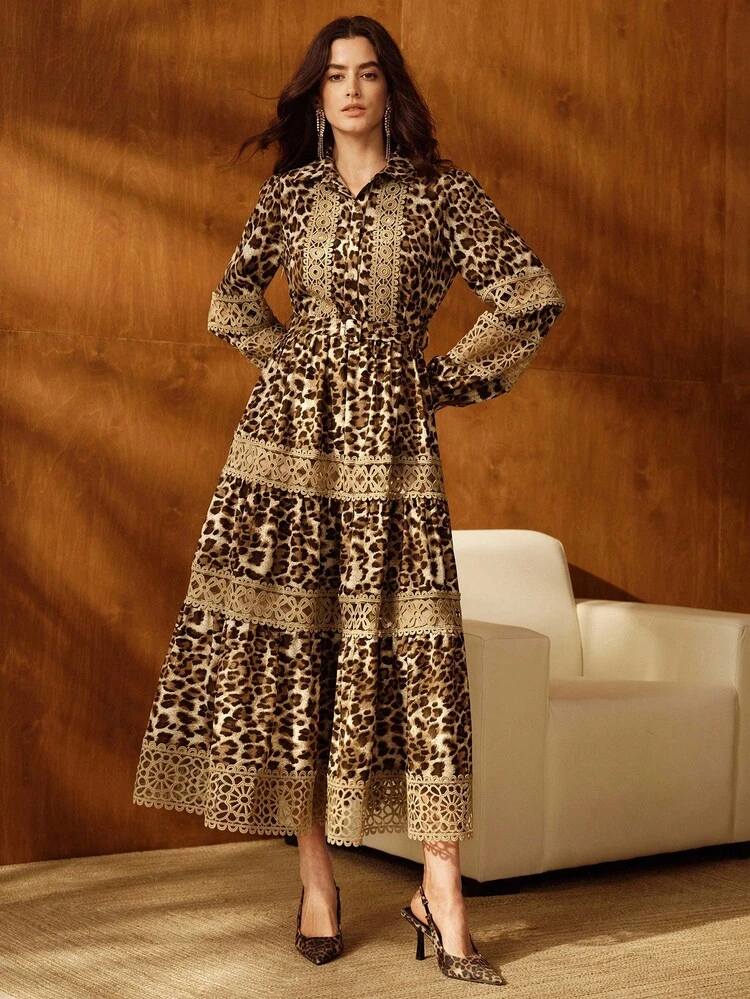 Elegant Lace Hollow Out Leopard Print Cinched Waist Waist Dress With Collar, Vintage Chic Style, Suitable For Autumn, Winter, Going Out, Formal Occasions, New Year, Christmas, Party