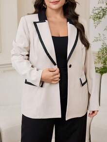 Modelyn Plus Size Women Contrast Color Lapel NeckLong Sleeve Casual Blazer Jacket, Autumn/Winter - Apricot - View 6