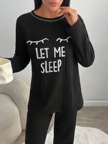 Completo pigiama da donna 2 pezzi, morbido e caldo, in maglia a costine, con dettaglio ricamato "Lasciami dormire", per il comfort della casa