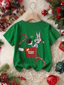 LOONEY TUNES X SHEIN Young Boy Christmas Cartoon Graphic Round Neck Short Sleeve T-Shirt - Green - View 2