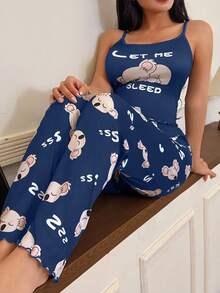 SHEIN 2pcs Cute Koala Print Camisole & Pants Pajama Set Cute Sleep Set Women Pajama Set Cute Sleep Wear Women Tank Top Pajama Set Koala Sleep Set - Multicolor - View 3