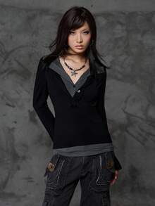 Bloopia 韩版活力女装秋冬万圣节休闲通勤畅销修身长袖拼接多层连帽卫衣上衣 - 彩色 - 查看 7