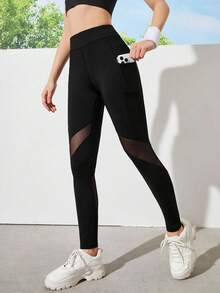 SHEIN Teen Girls' Contrast Mesh Pocket Sports Leggings