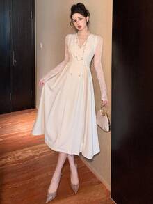 DAZY Women's Elegant V-Neck Sleeveless Belted Mid-Length Dress, Party Wear - Beige - View 3