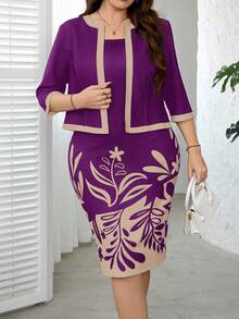 SHEIN Clasi 大尺碼女款優雅花卉印花洋裝與外套兩件套 - 紫色 - 查看 3
