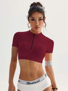 Core Rhythm 女士纯色半拉链短款瑜伽运动T恤女士健身服女士健身服女士服装运动健身衬衫女士修身衬衫健身房衬衫 - 酒紅色 - 查看 5