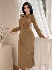 DAZY 女式优雅纯色系带毛衣裙，秋季 - 棕色 - 查看 4