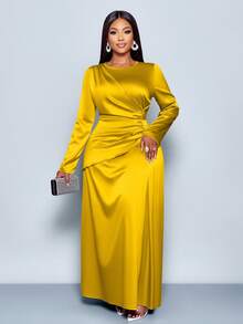 SOLERSUN 女士优雅纯色褶边缎面紧身连衣裙，适合约会派对长款女装 - 芥末黃 - 查看 4