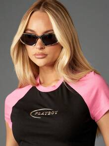 Missguided x Playboy Cotton Contrast Sleeve Raglan Baby Tee Short Sleeve Fitted Crew Neck Top - Black - View 4