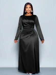 SOLERSUN Váy bó sát bằng vải satin trơn màu trơn thanh lịch dành cho nữ mùa thu đông, thích hợp cho trang phục dự tiệc tối giản, hẹn hò, dự tiệc cưới, dự tiệc tốt nghiệp, váy bóng, váy đen, váy thu, váy đông dành cho nữ, Halloween, Giáng sinh, năm mới, váy dạ hội - màu đen - Xem 6