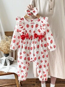 SHEIN Salopetă pentru bebeluși cu imprimeu dulce de căpșuni, cu funde și bentiță, potrivită pentru primăvară/toamnă toamnă-iarnă, 1 bucată - Roz - Vizualizare 3