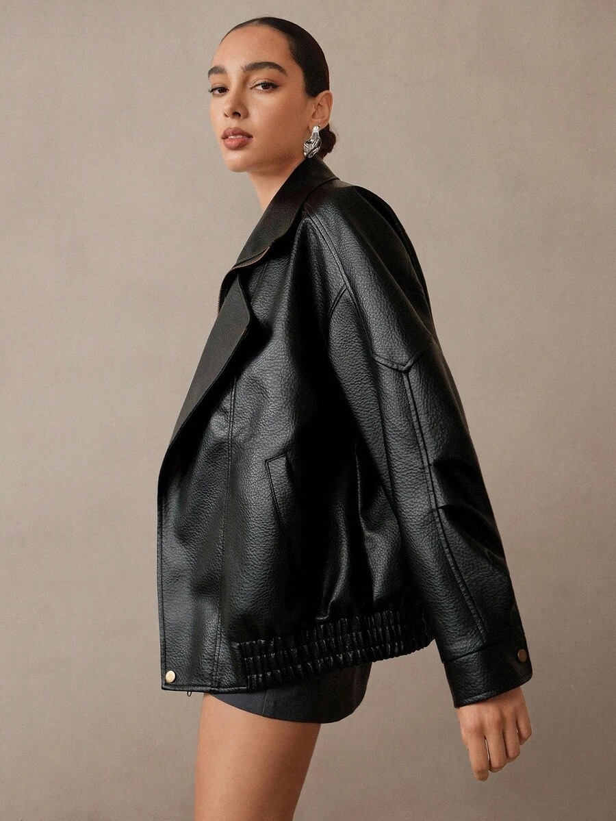 NOVVYNE Women's Vintage Motorcycle Jacket, Stand Collar, Boxy Silhouette, Fashionable PU Leather Coat, Black, Winter - Black - View 1