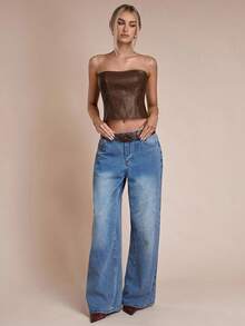 SHEIN BAE Women's Solid Color Fitted Bandeau Top With Boning,Brown Top - Mocha Brown - View 7