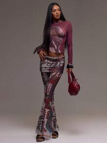 MUSERA 修身长袖豹纹印花网眼圆领上衣，酷女孩秋季外出性感服装，适合春夏季节和节日穿着 - 彩色 - 查看 4