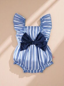 Souflis Souflis 1件女婴休闲可爱蓝色条纹蝴蝶结连体衣，适合户外和室内休闲穿着