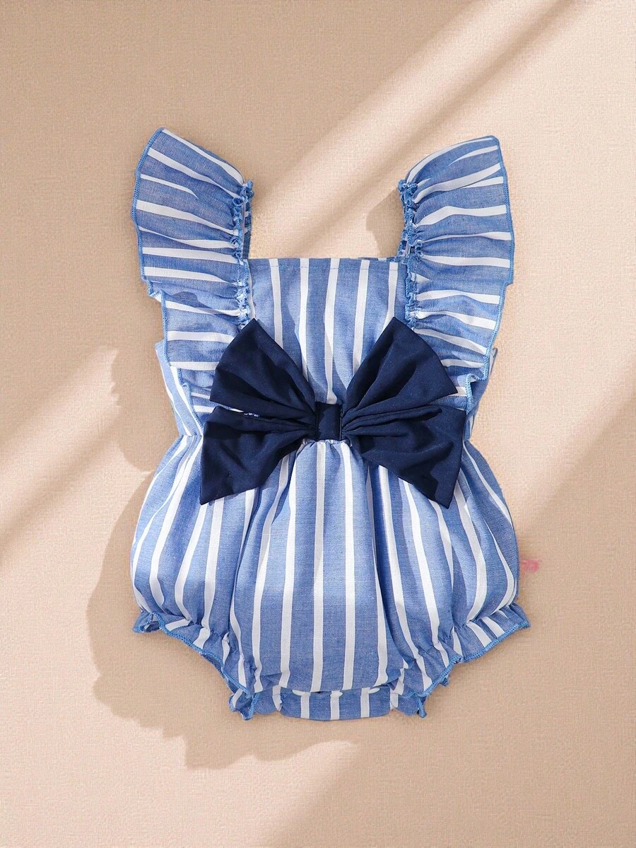 Souflis Souflis 1件女婴休闲可爱蓝色条纹蝴蝶结连体衣，适合户外和室内休闲穿着