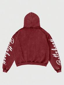 ROMWE MEN Betty Boop | ROMWE 男士卡通人物图案连帽衫，宽松短款，秋季款，长袖上衣 - 酒紅色 - 查看 2