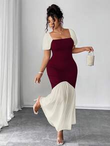 Elenzga Đầm suông đuôi cá tay bồng phối lưới phối màu thanh lịch cho nữ - Màu Đỏ Sâu - Xem 6