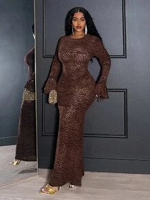 Veslaya فستان ماكسي طويل بأكمام واسعة وطبعات حيوانية بنية، طراز كلاسيكي رومانسي أنيق وكلاسيكي للنساء، مناسب للارتداء في المكتب، اليومي، المواعيد، الخروج، الحفلات، مقاسات كبيرة