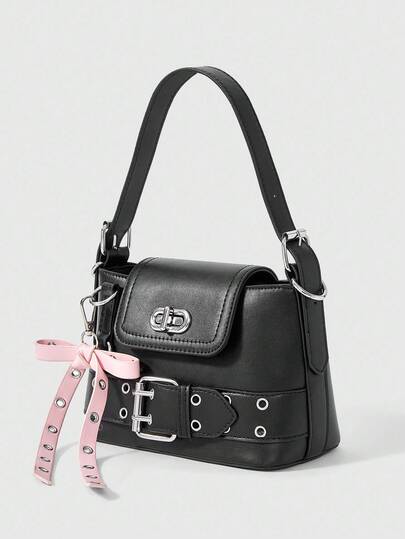 Kawaii Black PU Material Hit Pink Bow Charm Metal Air Eye Buckle Tabs With Decorative Twist Lock Zip Closure Adjustable Shoulder Strap Fashion Y2K Style Bucket Bag Spicy Girl Sweet Cool Style Ladies Shoulder Bag