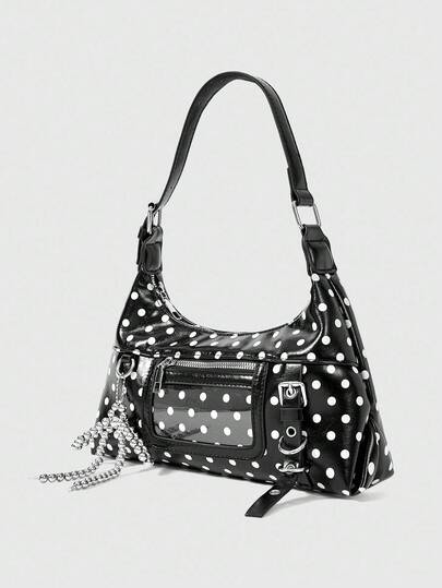 Kawaii Black PU Material White Polka Dots Decoration Beaded Bow Charm Zip Decoration PVC Transparent Pocket Metal Card Buckle Decoration Fashion Y2K Style Crescent Bag Sweet Bitter Spicy American Style With The Bag Ladies Shoulder Bag