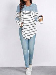 SHEIN PETITE Camiseta de manga larga casual de parches para mujer de talla pequeña en azul heather - Azul y blanco - Ver 3
