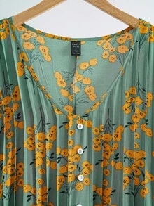 EMERY ROSE Plus Size Ditsy Floral Half Button Dress, Summer,Beach Dress Sundress,Holiday Outfits Boho,Flower/Vacation/Spring - Green - View 4