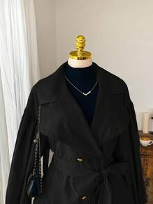 Comfortcana Plus Size Black Lapel Button Tie Casual Minimalist Windbreaker French Style Clothes In Fall/Winter